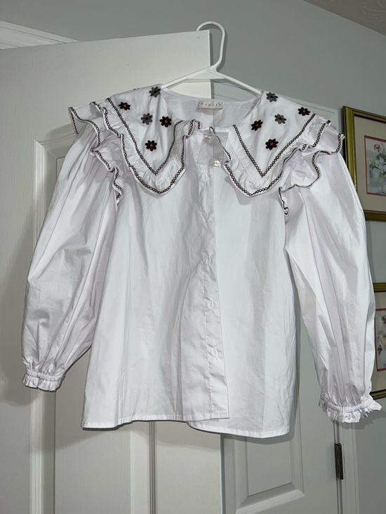 Karlie Tops - Karlie White Embroidered Bib Collar Blouse with Brown Trim
